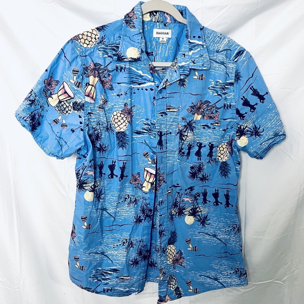Haggar Shirt Mens Medium Camp Hawaiian Print Blue Hula Girls Short Sleeve Button